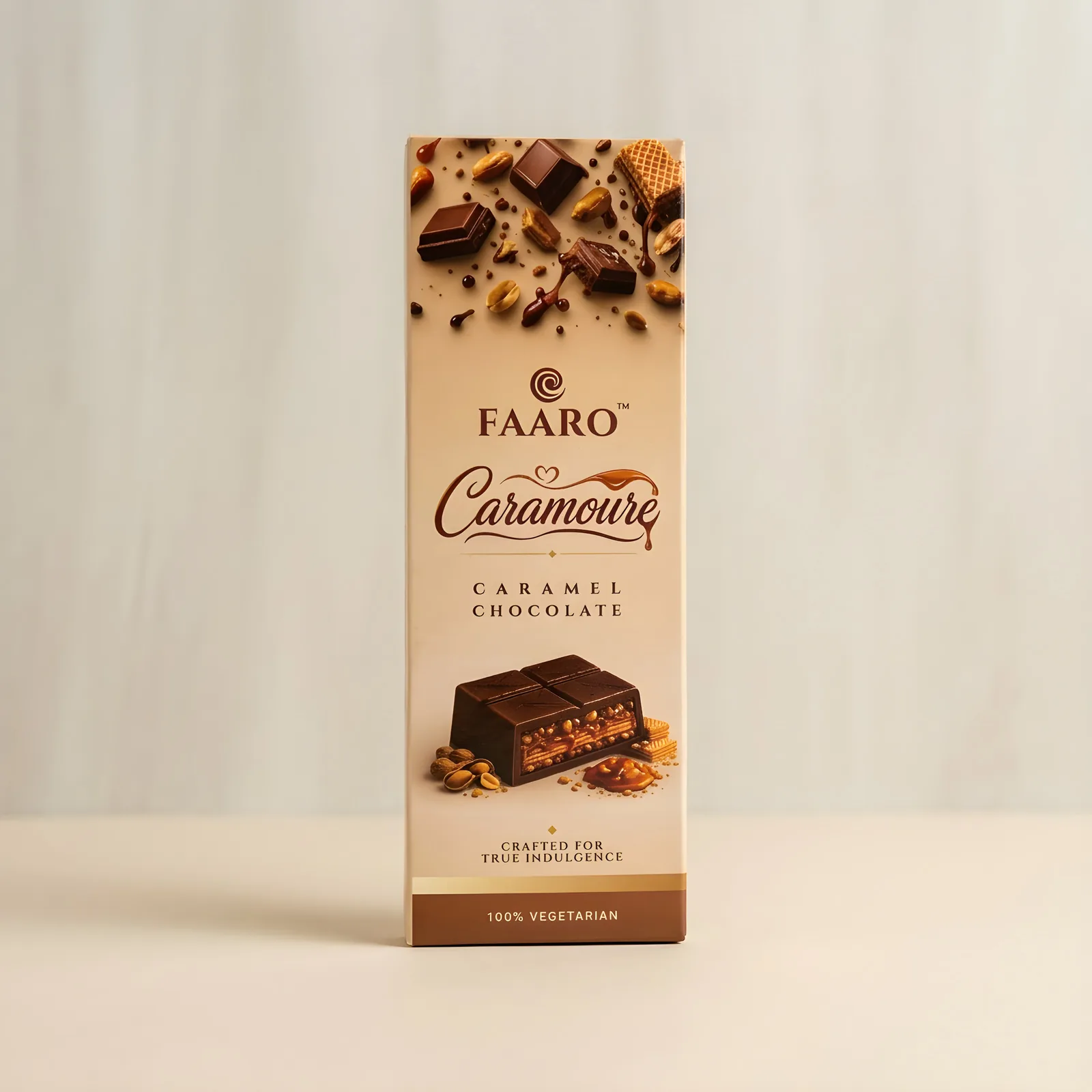Faaro Caramoure Wafer & Caramel Peanut Chocolate 45g bar, front of pack