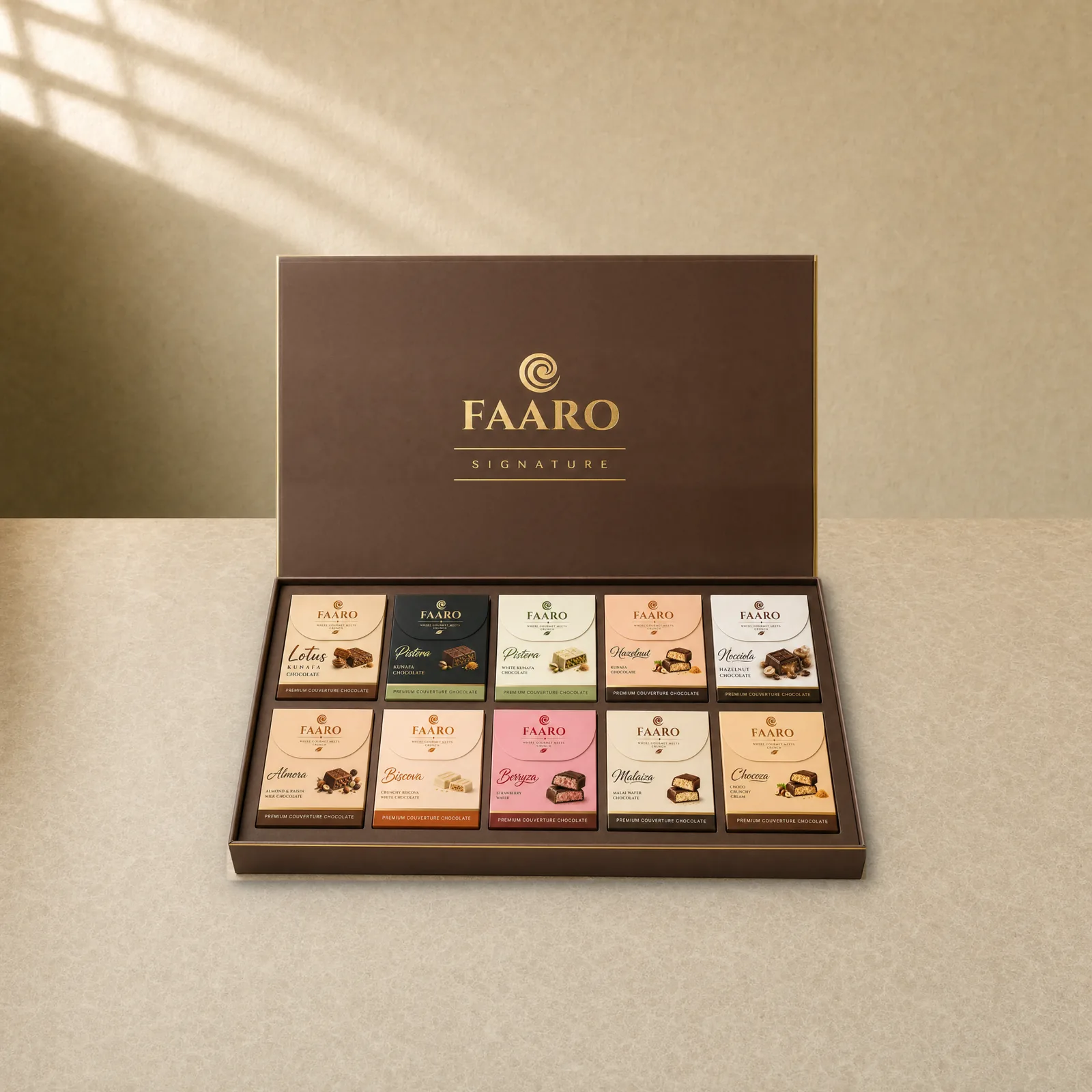 FAARO SIGNATURE Premium Assorted Chocolate Gift Box (200g) — open cocoa-brown gift box with ten 20 g chocolate cartons, one of each flavour