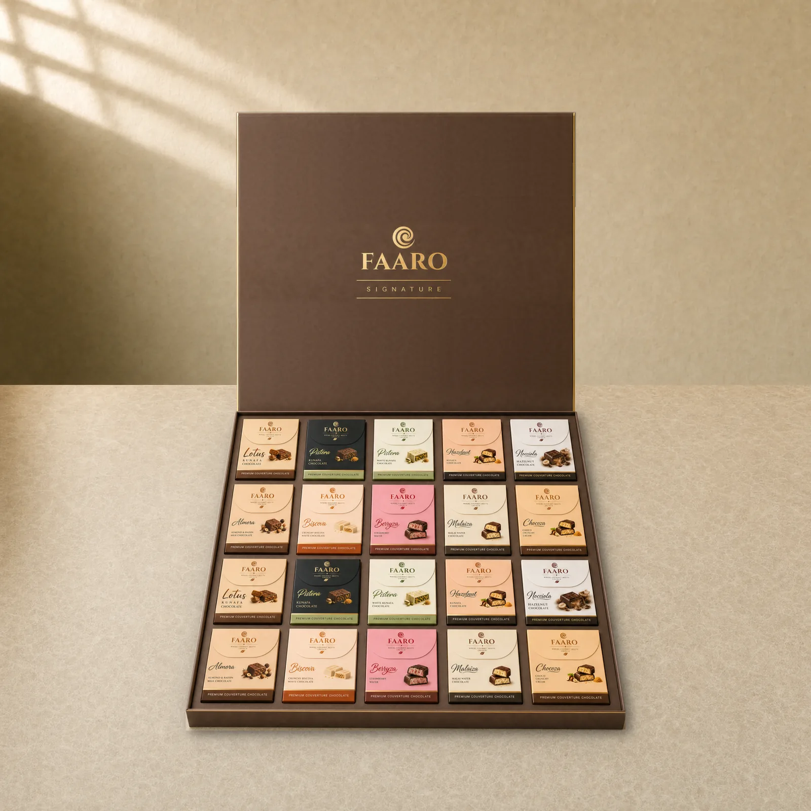 FAARO SIGNATURE Premium Assorted Chocolate Gift Box (400g) — open cocoa-brown gift box with twenty 20 g chocolate cartons, two of each flavour